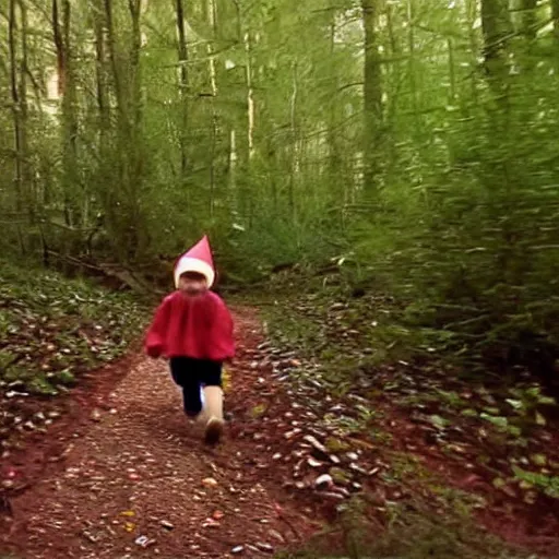 Image similar to bad quality screenshot of a leaked video of a small person dressed as gnome following me through a forest trail, night time, bright camera flash, camera shaking, realistic, ultrarealistic, 480p, scary