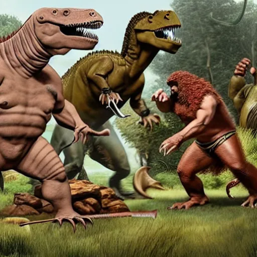 Prompt: A large dinosaur fighting with several realistic detailed cavemen with proportioned bodies, next to the dinosaur are cavemen, the cavemen are armed with spears, the caveman are in a fighting stance, the cavemen are wearing animal furs, one caveman is stabbing the dinosaur with his spear, one caveman is cowering in fear, coarse canvas, visible brushstrokes, intricate, extremely detailed painting by Giorgione (and by Greg Rutkowski)