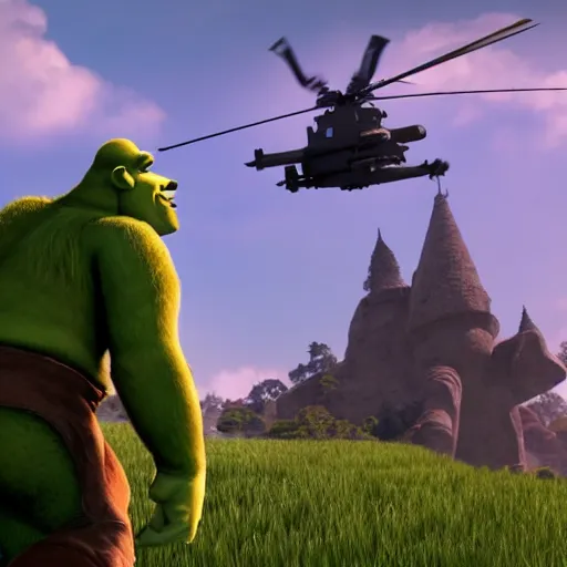 Image similar to ultra wide gameplay screenshot, shrek fighting with steven armstrong ( metal gear ) on a helipad, epic, world record, digital illustration radiating a glowing aura global illumination ray tracing hdr fanart arstation