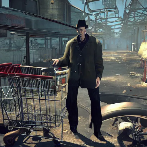 Image similar to nick valentine is sitting in a shopping cart, realism, proportions, 1 6 f, stylization for fallout 4