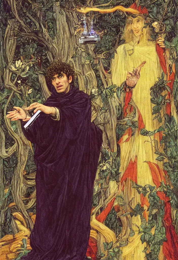 Prompt: Yoshua Bengio as the Magician on the Tarot card. Illustration by preraphaelists.