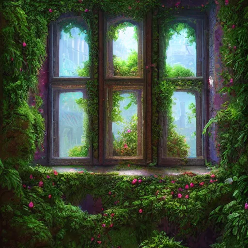 Image similar to an abandoned room overgrown with verdant ivy, an antique window surrounded by lush flowers cherry _ blossomherb, 8 k resolution detailed fantasy art, asymmetrical composition, anato finnstark marc simonetti lisa frank zbrush central gloomy midnight