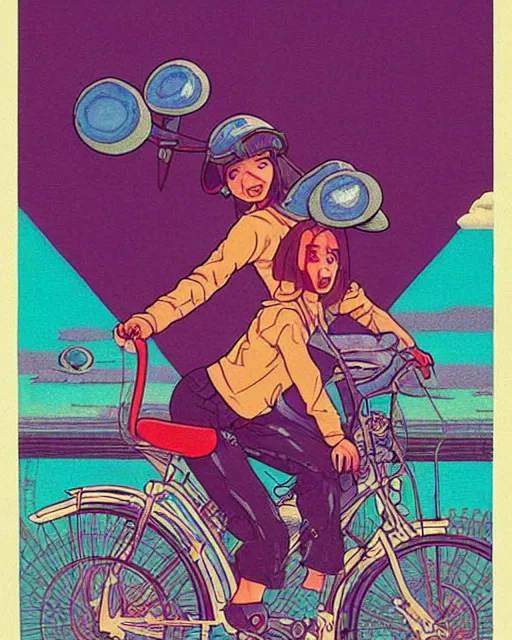 Prompt: awesome logo of a girl riding a bike with mushroom and pills with, dank techno. synthwave colours. in the style of spirited away. awe, rage, musicality, 1 9 6 0, kodak, natural colors, codex seraphinianus painting by moebius and satoshi kon and alberto mielgo