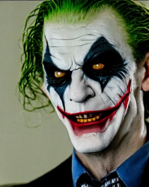 Image similar to Film still close-up shot of Vince McMahon as The Joker from the movie The Dark Knight