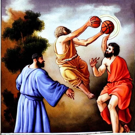 Prompt: Jesus wearing robes dunks a basketball