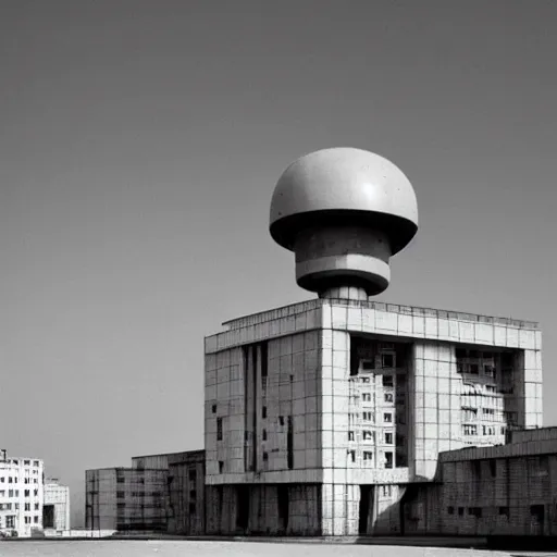 Prompt: chunky cubic government building with a a satellite dish on the roof, soviet architecture