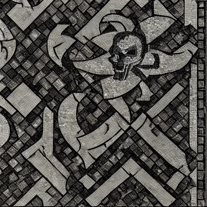 Prompt: isometric punisher symbol in the form of a detailed intricate tile floor mosaic in the form of punisher symbol in spotlight