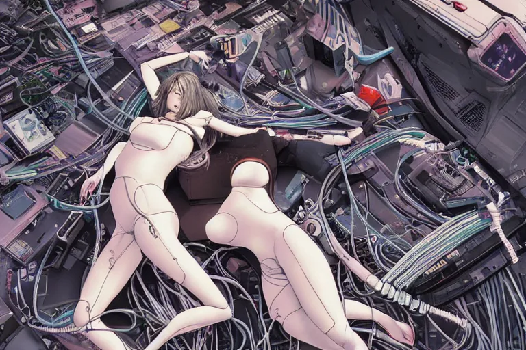 Prompt: a finely composed cyberpunk illustration of a group of white female androids' in style of hajime sorayama, lying on an abstract, empty, white floor with their body parts scattered around and cables and wires coming out, by katsuhiro otomo and masamune shirow, hyper-detailed, colorful, view from above