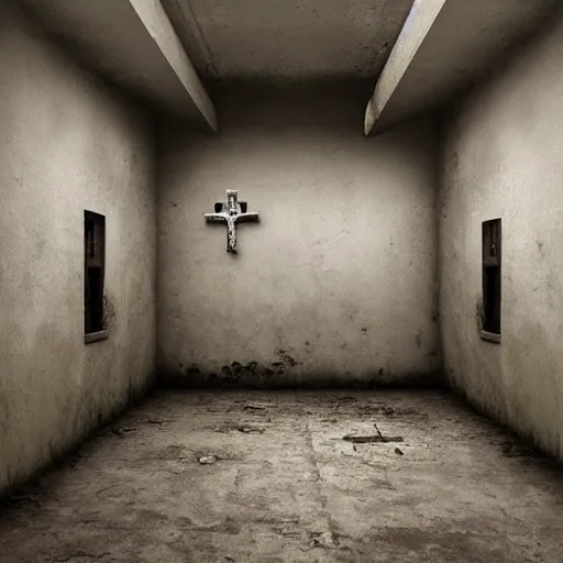 Image similar to interior of a prison cell with an old crucifix of jesus christ on the center of a dirty wall, eerie atmosphere, hyperrealism, realistic