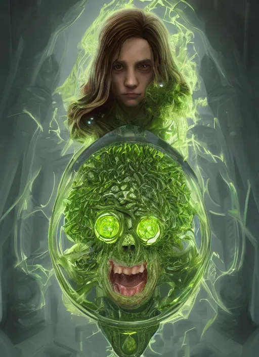 Image similar to biohazard portrait of brocoli!! hermione bioshock, au naturel, hyper detailed, digital art, trending in artstation, cinematic lighting, studio quality, smooth render, unreal engine 5 rendered, octane rendered, art style by klimt and nixeu and ian sprigger and wlop and krenz cushart