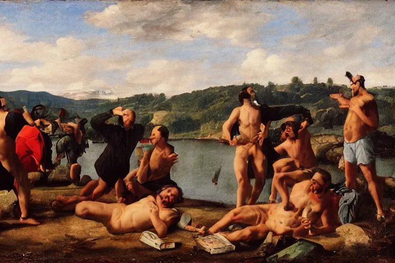 Image similar to mid - thirties guys binge drinking in front of a lake, in the style of skovgaard