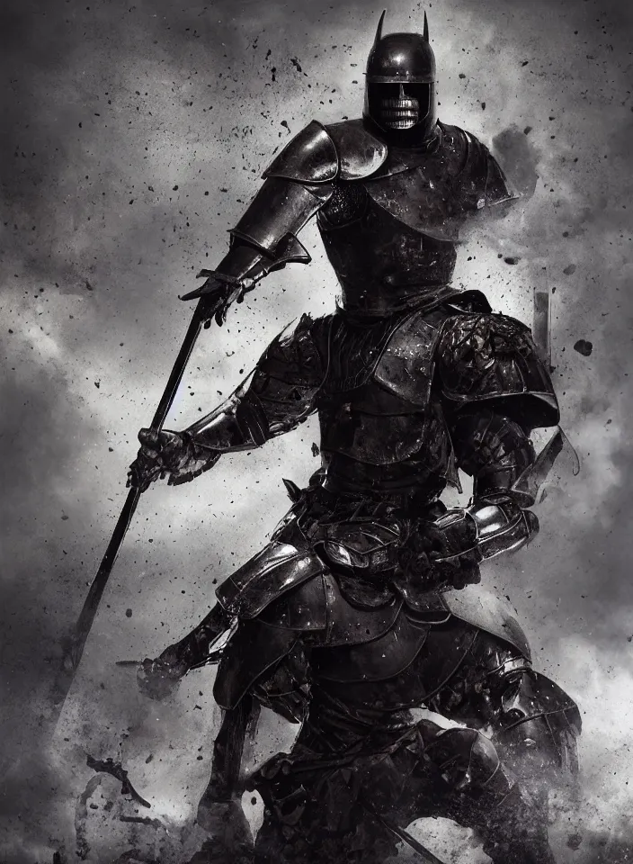 Image similar to realistic photo of a medieval dark knight wearing black iron armour and helmet at war, battle scene, brutal, fighting the enemy, dust, blood, sword, horrifying, realistic, hyper realistic, trending on artstation, digital art