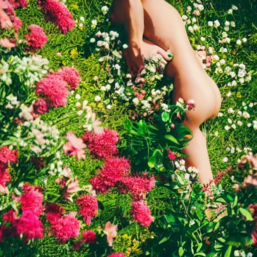 Prompt: cinematic medium shot of a woman body made completely of plants and flowers, shallow depth of field, garden setting