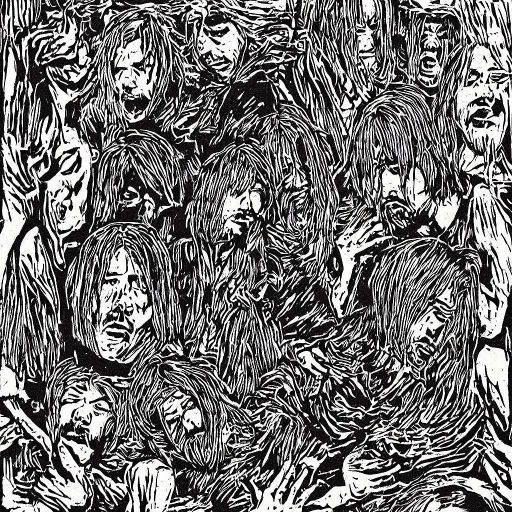 Prompt: Nirvana album cover woodcut illustration cordel literature