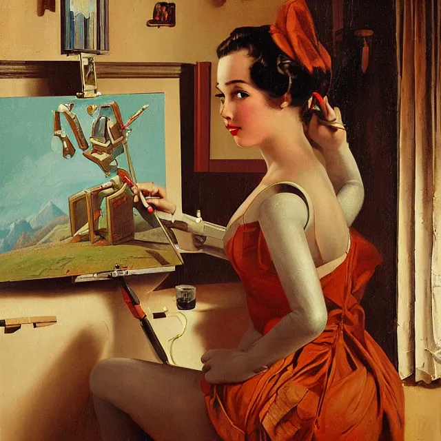 Image similar to robot artist painting a self - portrait on a canvas. intricate, highly detailed, digital matte painting in the style of gil elvgren and in the style of hans thoma. irony, recursion, inspiration.