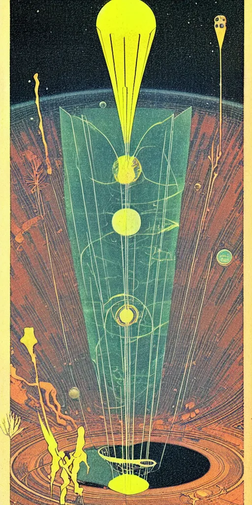 Image similar to 1968 science fiction tarot card, cut out collage, Jugendstil, xerox punk, spring on Saturn, epic theater, deep sea, mountain plants, nouvelle vague, drawings in part by moebius, part by Ernst Haekl, text by William S Boroughs, composition by bauhaus