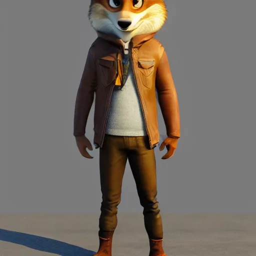 Image similar to half body shot, 3 d render, anthropomorphic coyote male, wearing along brown leather maxi coat, in the style of zootopia, highly detailed attributes and atmosphere, dim volumetric cinematic lighting