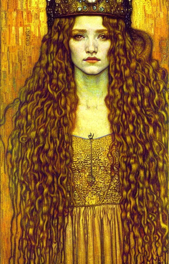 Image similar to detailed realistic beautiful young medieval queen face portrait by jean delville, gustav klimt and vincent van gogh, art nouveau, symbolist, visionary, gothic, pre - raphaelite, muted earthy colors, desaturated