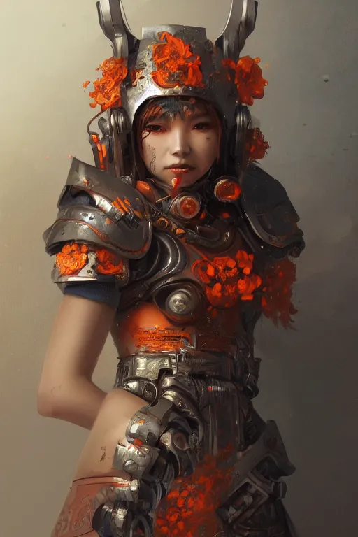 Image similar to portrait of beautiful young mainem, warhammer, japaneese style, cyberpunk armor, a lot of more scars, more and more flowers, orange head, the middle ages, highly detailed, artstation, illustration, art by greg rutkowski, 8 k quality