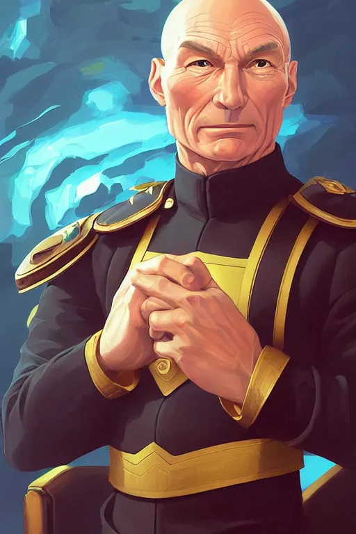 Image similar to portrait of fascist tyrant captain picard by artgerm, tooth wu, dan mumford, beeple, wlop, rossdraws, james jean, marc simonetti, artstation giuseppe dangelico pino and michael garmash and rob rey and greg manchess and huang guangjian and makoto shinkai