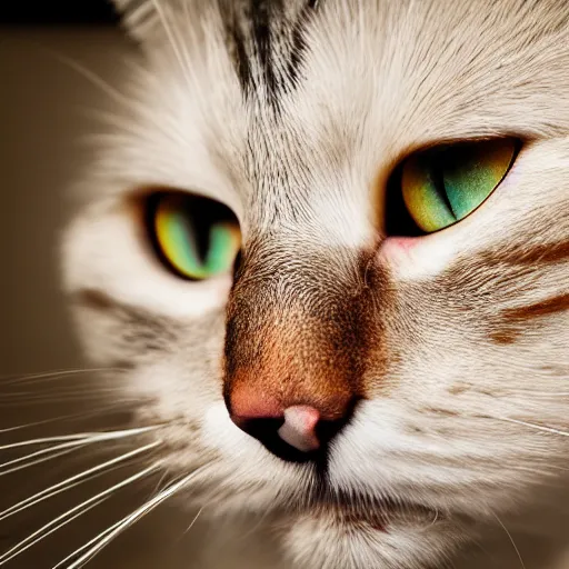 Prompt: Cat looking extremely angry and frowning, on kitchen table, 40nm lens, shallow depth of field, split lighting, 4k,