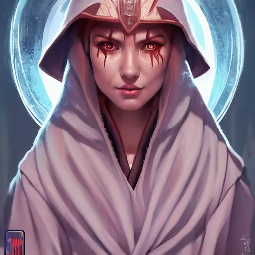 Prompt: germanic female, jedi master, wearing the traditional jedi robe, beautiful and uniquely odd looking, detailed symmetrical close up portrait, intricate complexity, in the style of artgerm and ilya kuvshinov, magic the gathering, star wars art