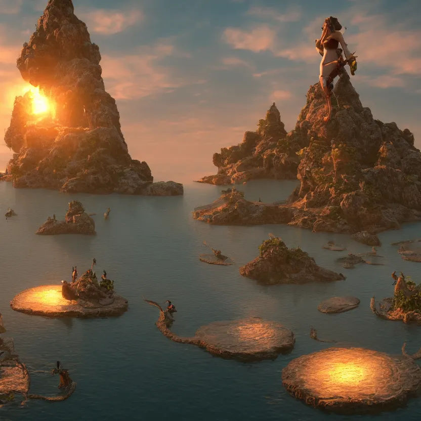 Image similar to unreal engine render, floating islands with beautiful women on them, cinematic, sunset, fantasy, 8 k, trending on artstation