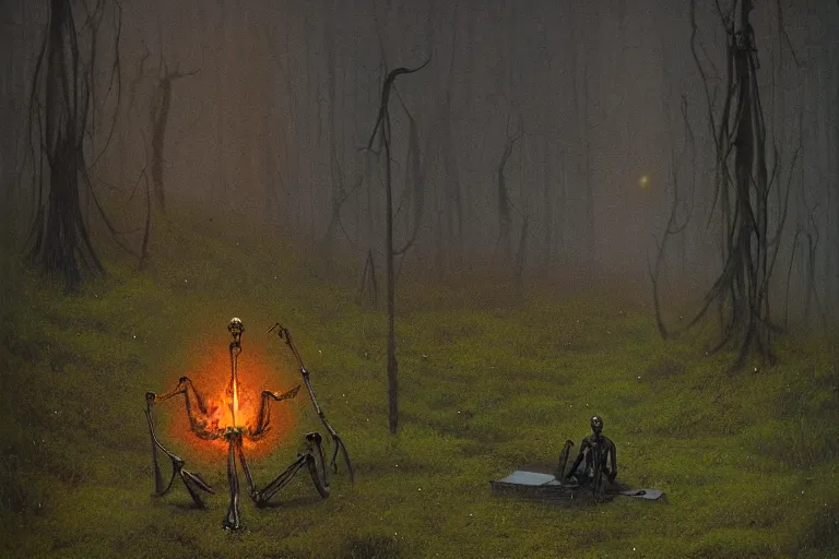 Image similar to a burning with fire human skeleton sitting behind computer, overgrown with moss, in foggy forest, at night with moon light, dark atmosphere, by beksinski zdzislaw