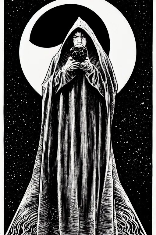 Prompt: wizard in a hooded cloak gazing into a crystal ball, high details, intricately detailed, by vincent di fate, inking, 3 color screen print, masterpiece, trending on artstation,, sharp, details, hyper - detailed, hd, 4 k, 8 k