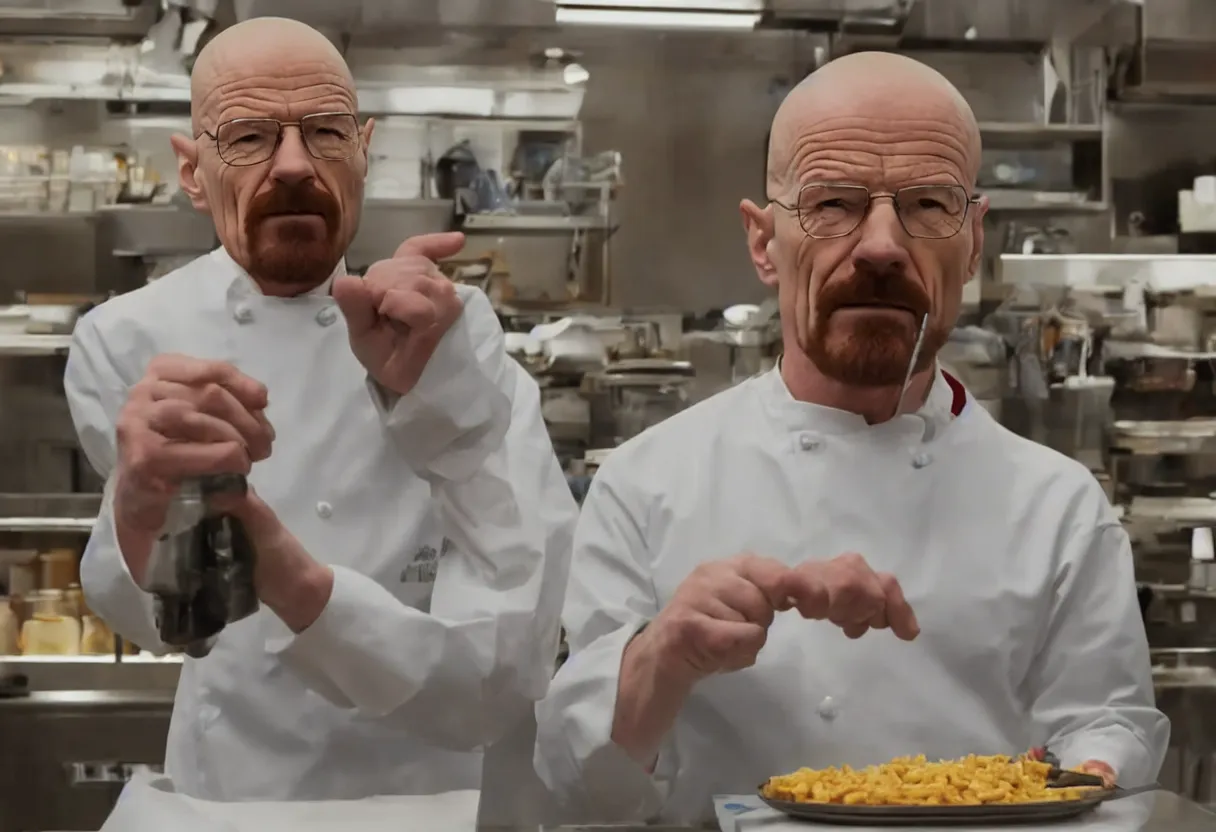 Prompt: walter white working at los pollos hermanos as a fry cook 4k, hd, photorealistic