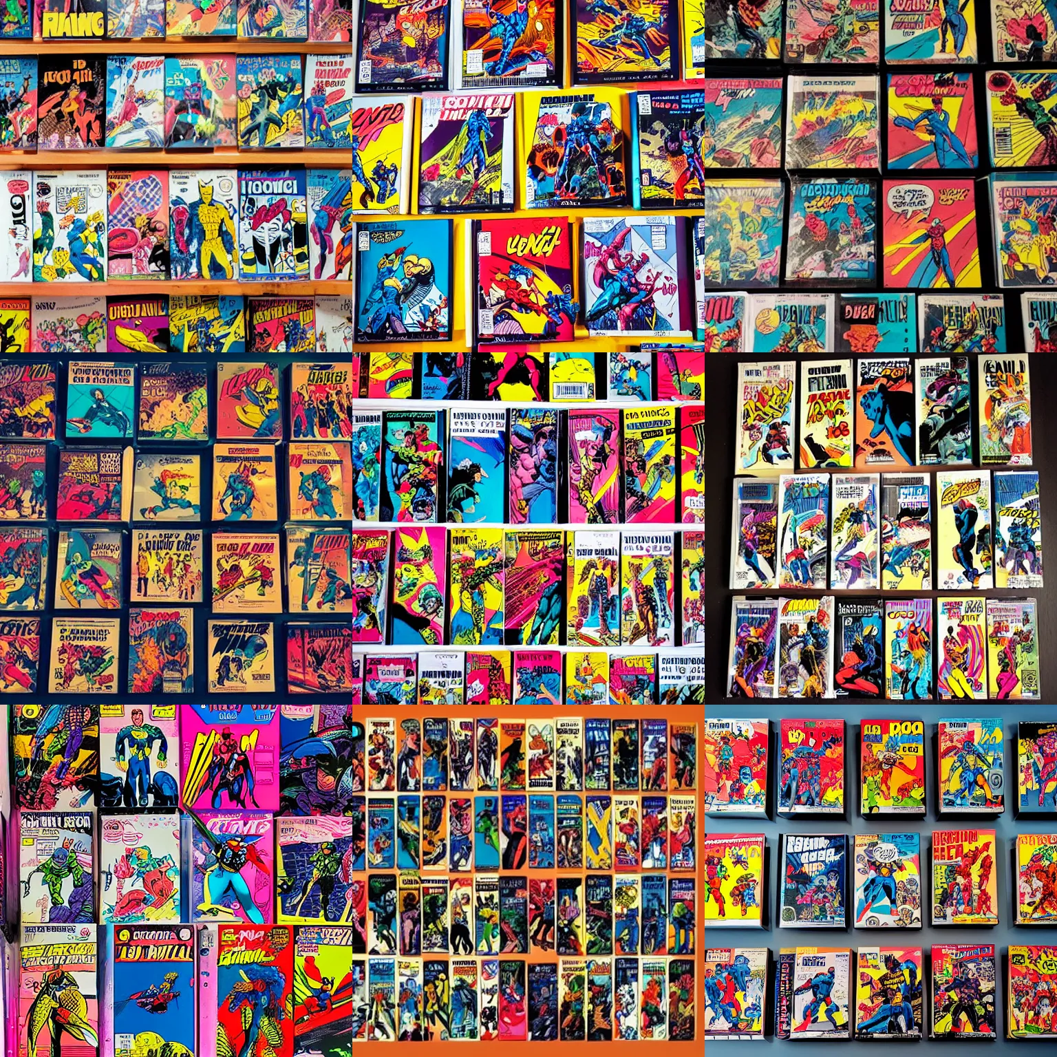 Prompt: flatlay comic book collection, vivid colors, dramatic lighting