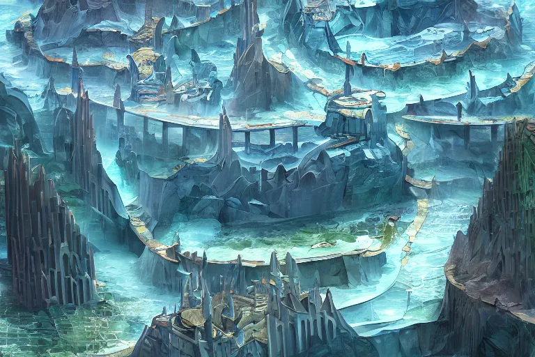 Prompt: atlantis with different levels and layers, connected by many bridges, clean, utopian, white, concept art, digital painting by shaddy safadi