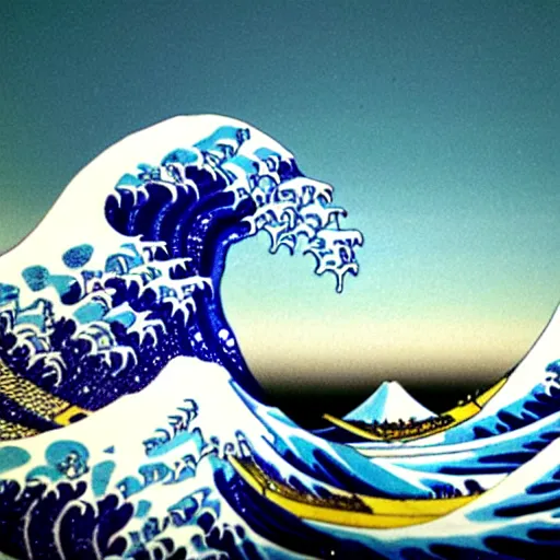 Image similar to a photo of a circular marble statue of The Great Wave off Kanagawa, in a museum, 3D, sculpture