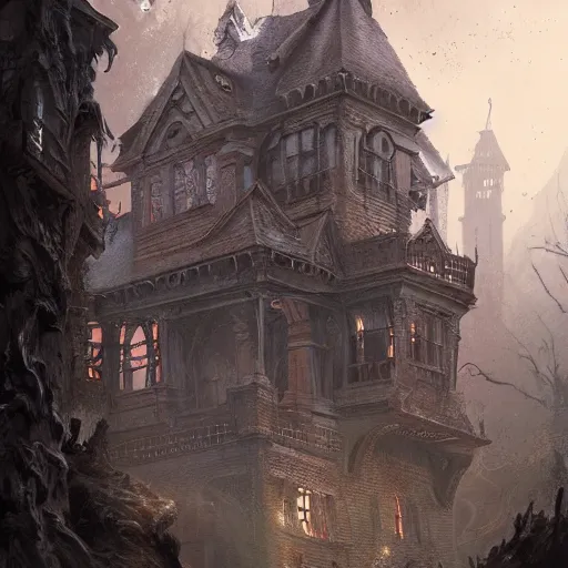 Image similar to detailed the huge haunted house on the edge of a hill , highly detailed, illustration, fantasy art, in the style of greg rutkowski, epic, fantasy, intricate, hyper detailed, artstation, concept art, smooth, sharp focus, ray tracing