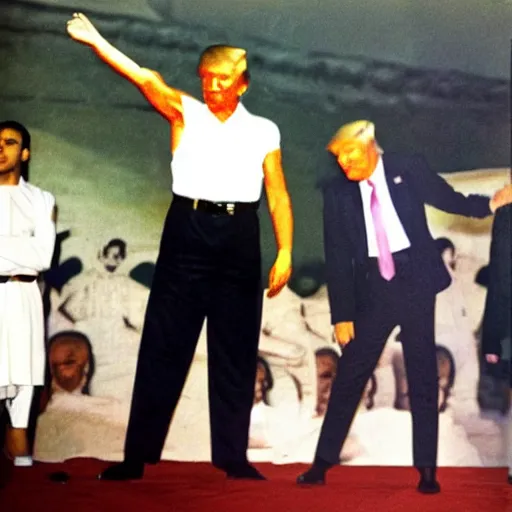 Image similar to donald trump dancing acrobatic rock with gandhi