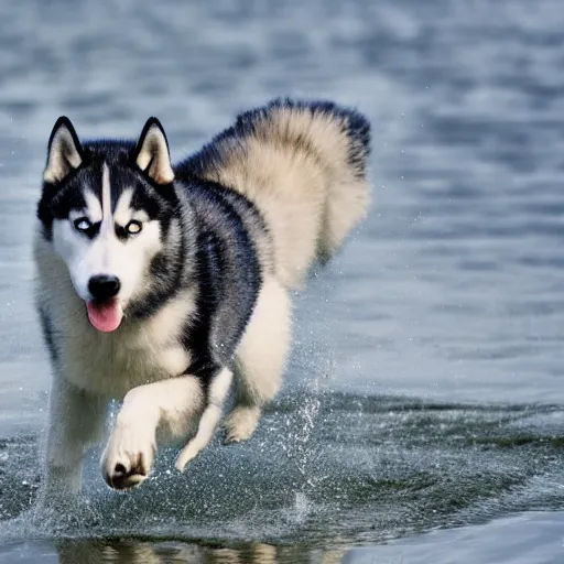 Image similar to Husky walks on water, 8k photography, cinematic