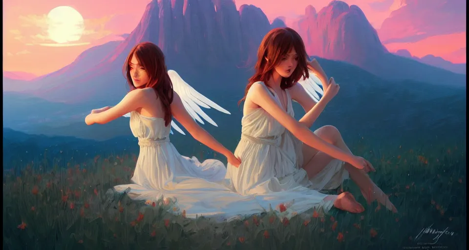 Prompt: angel, a single flower with a few petals behind a beautiful mountain landscape, night setting. realistic shaded lighting poster by ilya kuvshinov katsuhiro, magali villeneuve, artgerm, jeremy lipkin and michael garmash, rob rey and kentaro miura style, trending on art station