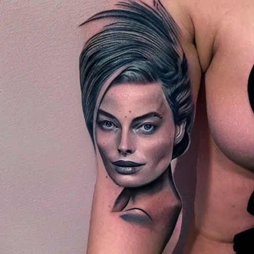 Image similar to realism tattoo design of margot robbie and beautiful mountains mash up, in the style of arlo dicristina, amazing detail, face morph