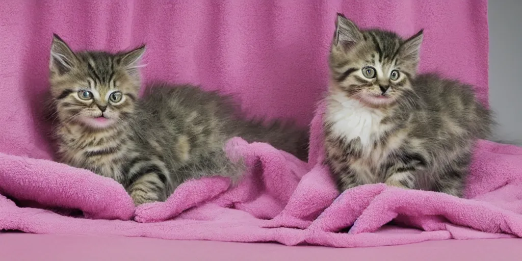 Image similar to oil painting of a fluffy tabby kitten wrapped in a pink towel, product photography of a shower curtain, product lighting. 4 k, highly detailed. saturated.