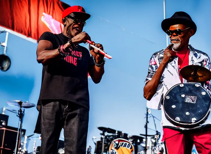 Image similar to photo still of samuel l jackson on stage at vans warped tour!!!!!!!! at age 3 3 years old 3 3 years of age!!!!!!!! playing a tamborine, 8 k, 8 5 mm f 1. 8, studio lighting, rim light, right side key light