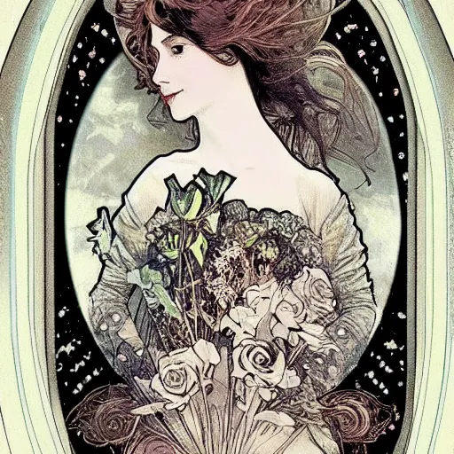 Image similar to Alice in Wonderland,Diamonds Blaze,Rose twining,out of time and space,dreamy, eternity, romantic,highly detailed,in the style of Alphonse Maria Mucha, highly detailed,night lighting