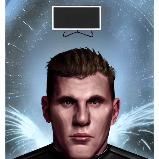Image similar to Bust Portrait of David Bates from Starset in a sci fi uniform with a BMI on his temple; hyper realistic, high detail, artstation, deviantart
