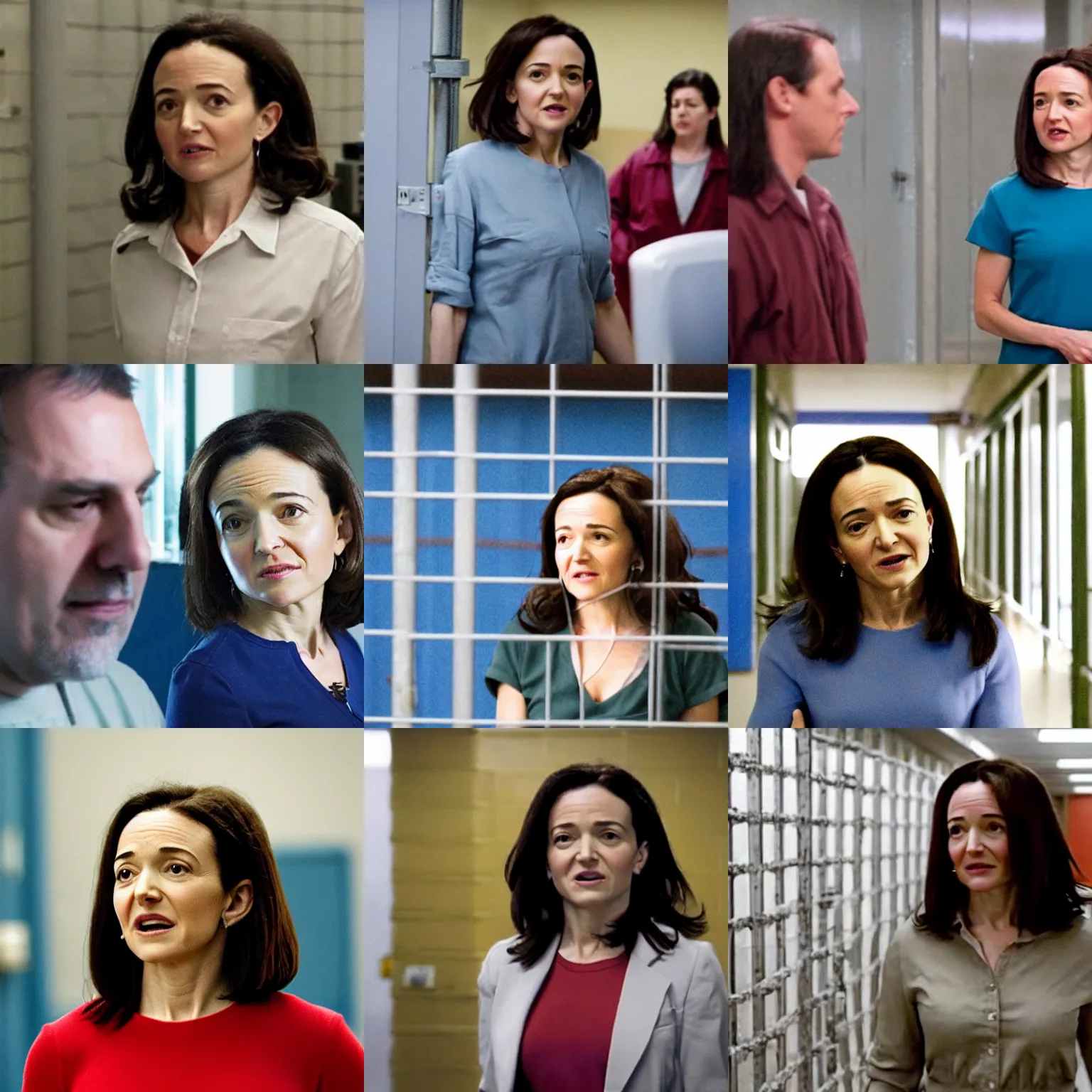 Prompt: Movie still of Sheryl Sandberg in Supermax prison in Facebook The Movie, directed by Peter Jackson