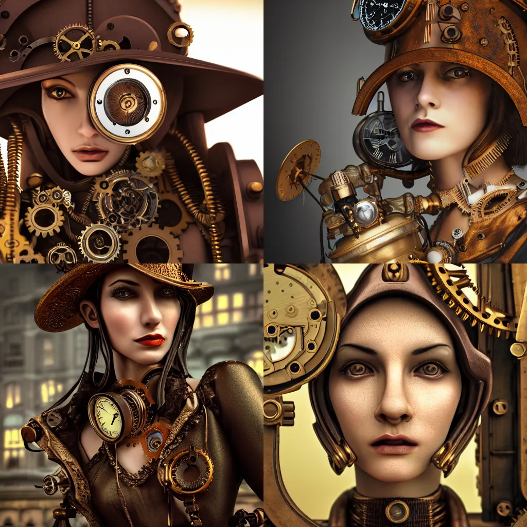 Prompt: Clockwork lady, steampunk, ultra detailed, close up, realistic, octane render, shallow depth of field, 8k