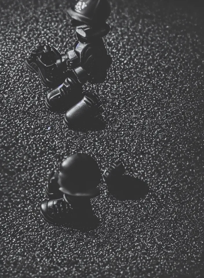 Prompt: macro photo of evil man lego figure in black adidas sportswear, black cap on head, ambient lighting