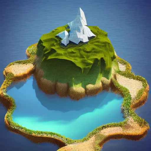 Prompt: a floating island on an aquatic environment isometric art, lago de sorapis landscape, low poly art, game art, artstation, 3D render, high detail, cgsociety, octane render