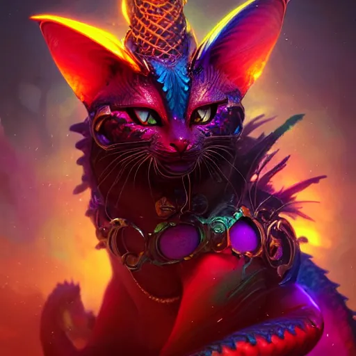 Image similar to beautiful colorful dragon cat. intricate portrait, occult cyberpunk, ancient futuristic, dark art, occult. by Petros Afshar, by artgerm, by Eddie Mendoza, by Peter mohrbacher, octane render, 3d, unreal engine, depth of field, bokeh, motion blur, blur