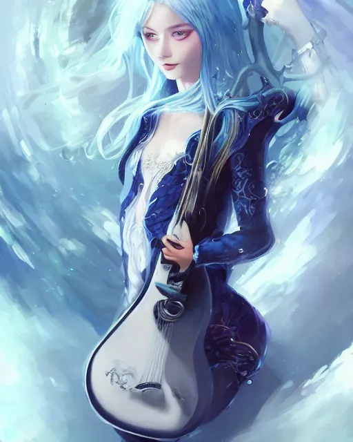 Prompt: A beautiful mysterious girl with cobalt-blue eyes and silky white hair, guitar shape build, her wardrobe is attractive, full body, fantasy art, in the style of Stanley Lau, illustration, epic art, fantasy, intricate, elgant, amazing detail, digital painting, artstation, concept art, smooth, sharp focus