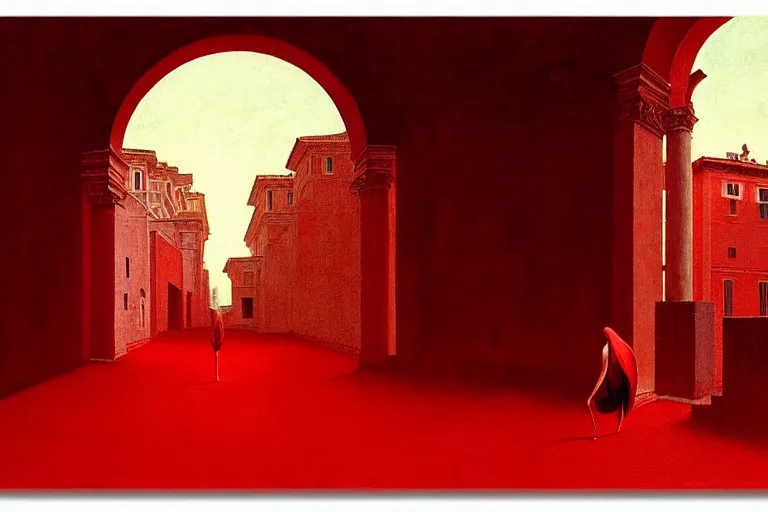 Image similar to only with red, caesar after win war, the deal, a red tiger, in hoc signo vinces, rome in background, an ancient path, in the style of beksinski, part by hopper, part by rodcenko, part by hofbauer, intricate composition, red by caravaggio, insanely quality, highly detailed, masterpiece, red light, artstation