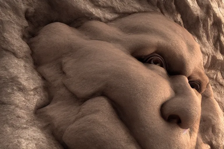 Image similar to 3 d render of a face carved in a mountain, realistic, renderen in unreal engine, 8 k